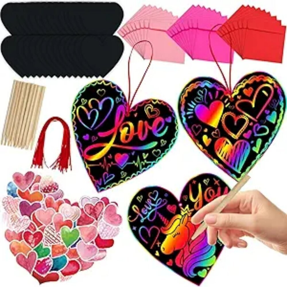 44 Pack Valentine's Day Scratch Art Set for Kids Heart-Shaped Rainbow Stickers